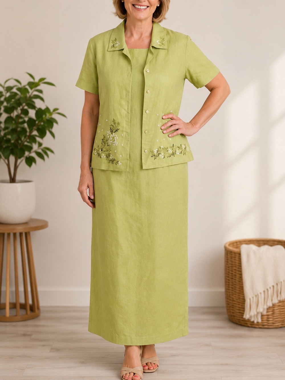 Positive Attitude Women’s Size 12P Green Linen Blend Dress Set Blazer Maxi 2Pc